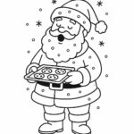 Page à colorier d&rsquo;un Père Noël, chanteur de cantiques cuisinant des biscuits