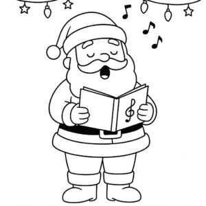 Coloring page of a Santa Claus, caroler singing carols