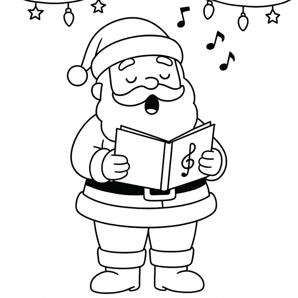 Coloring page of a Santa Claus, caroler singing carols