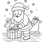 Page à colorier d&rsquo;un Père Noël, conducteur de traîneau ouvrant des cadeaux