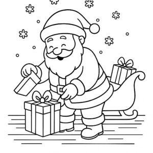 Coloring page of a Santa Claus, sleigh rider opening presents