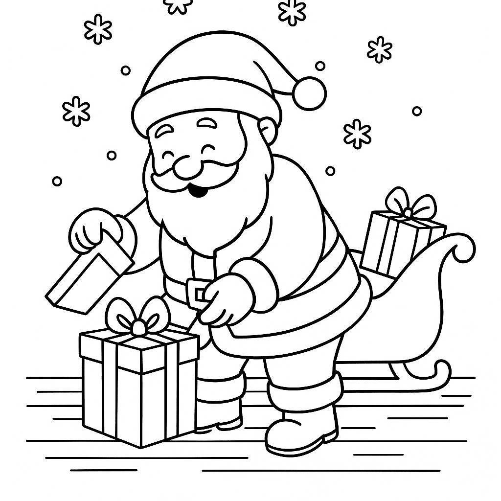 Coloring page of a Santa Claus, sleigh rider opening presents