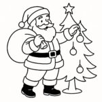 Page à colorier d’un Père Noël, fabricant de jouets décorant un arbre