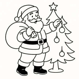 Coloring page of a Santa Claus, toy maker decorating a tree