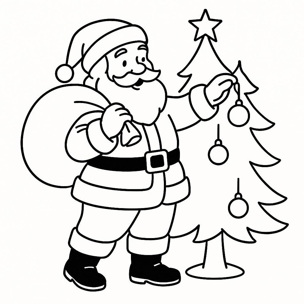 Coloring page of a Santa Claus, toy maker decorating a tree