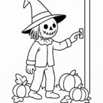 Page de coloriage d&rsquo;un épouvantail, porteur de costume sonnant une sonnette