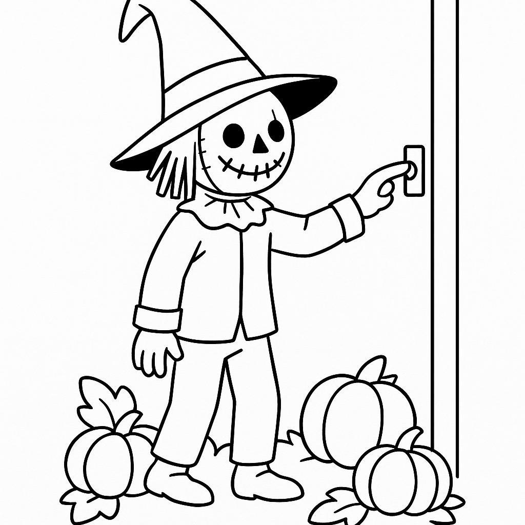 Coloring page of a scarecrow, costume wearer ringing a doorbell