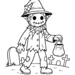 Page à colorier d’un épouvantail, bestiole effrayante portant un sac de bonbons