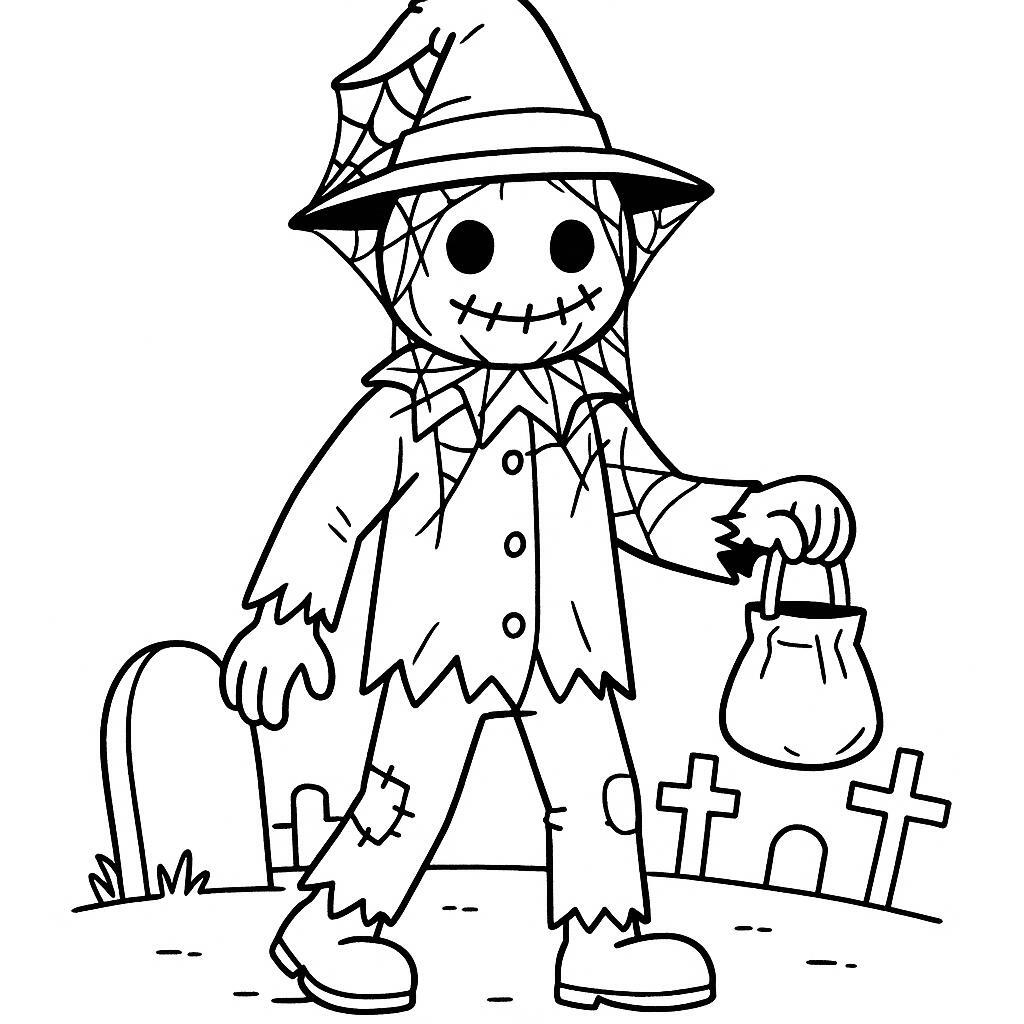 Coloring page of a scarecrow, creepy crawler carrying a candy bag