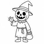 Page à colorier d&rsquo;un épouvantail, sorcier magique portant un sac de bonbons