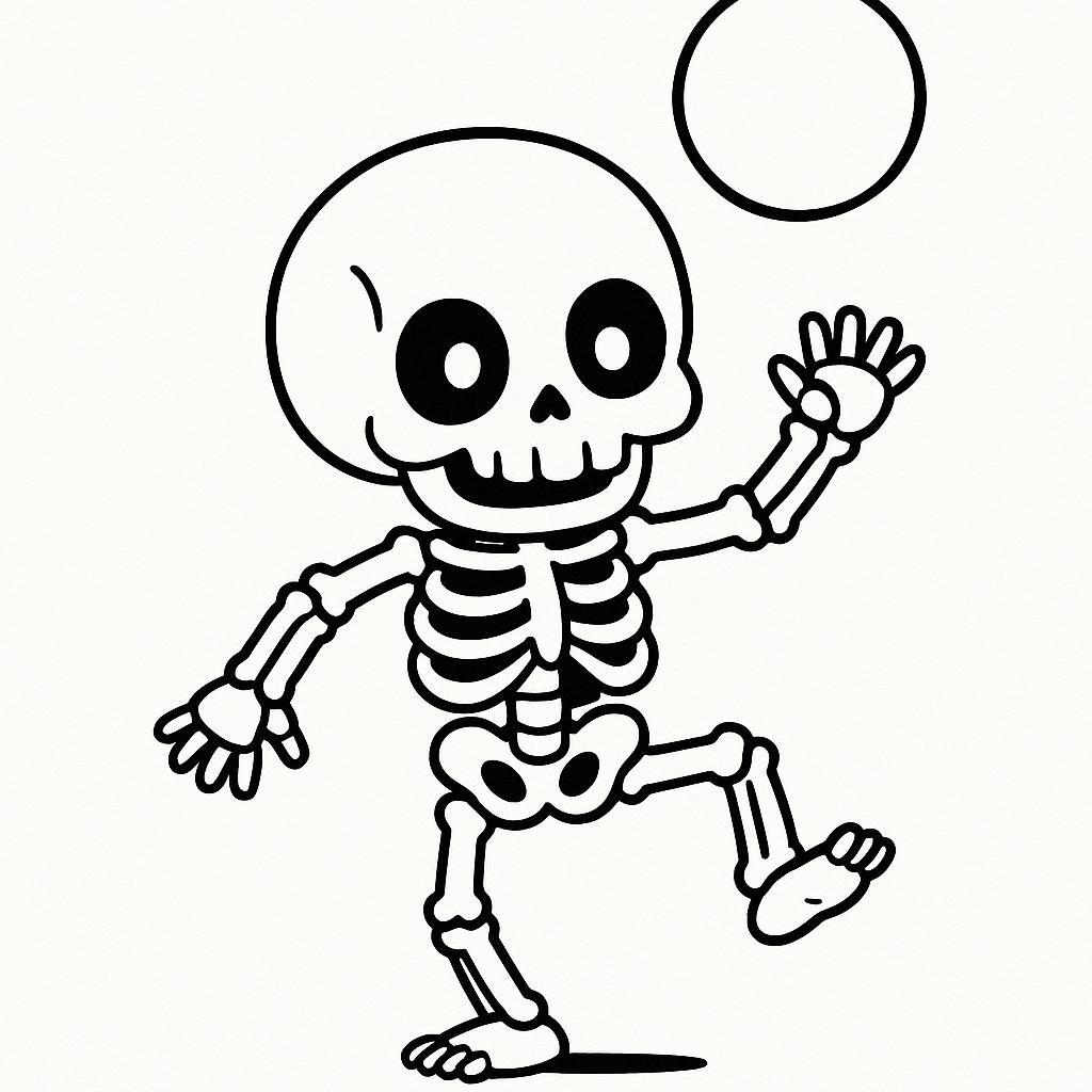 Coloring page of a skeleton dancer, creepy crawler dancing under the moon