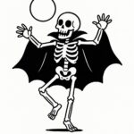 Page à colorier d&rsquo;un danseur squelette, habitant de maison hantée dansant sous la lune