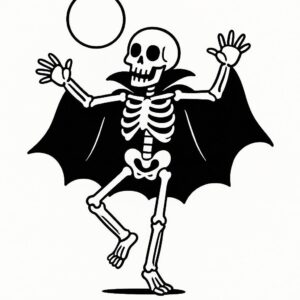 Coloring page of a skeleton dancer, haunted house dweller dancing under the moon