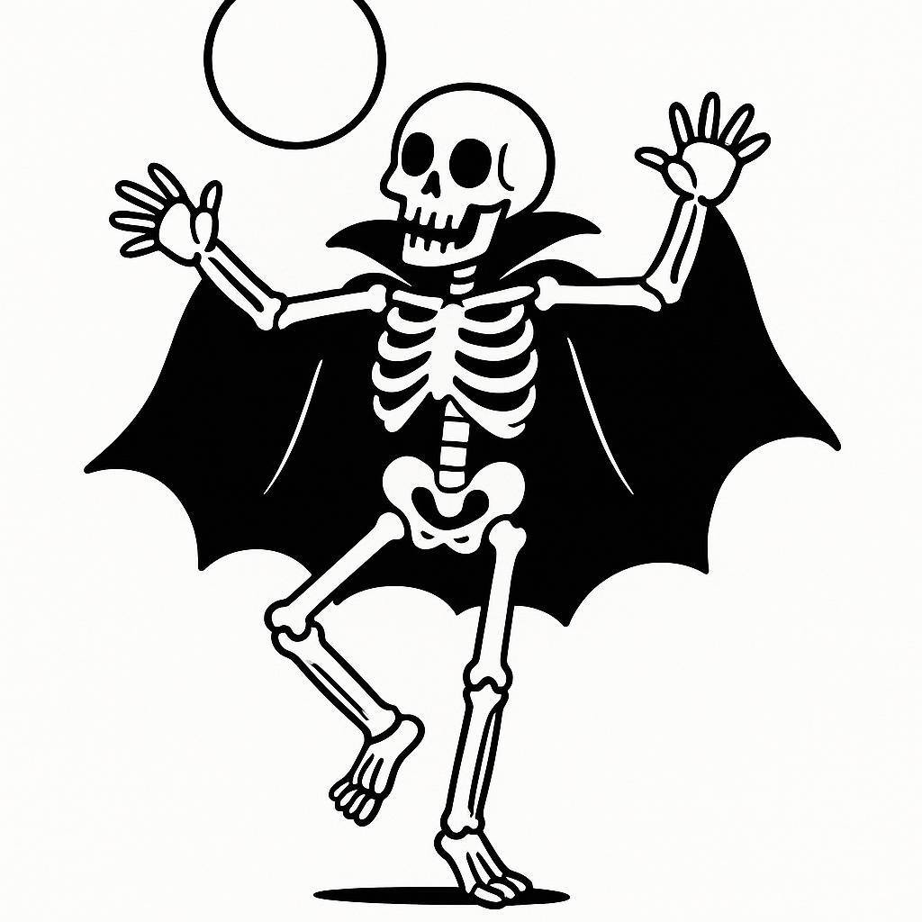Coloring page of a skeleton dancer, haunted house dweller dancing under the moon