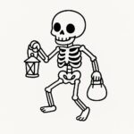 Page à colorier d&rsquo;un danseur squelette, monstre effrayant portant un sac de bonbons