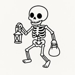 Coloring page of a skeleton dancer, spooky monster carrying a candy bag