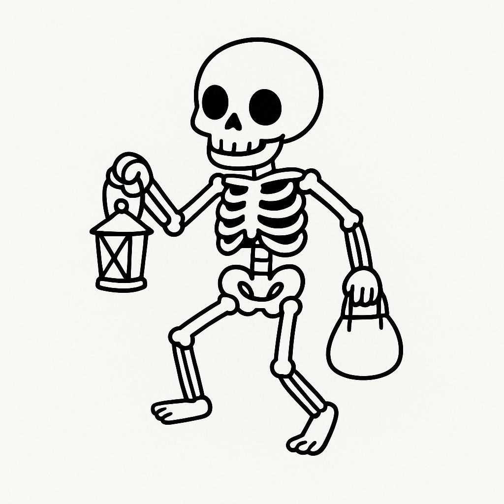 Coloring page of a skeleton dancer, spooky monster carrying a candy bag
