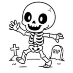 Page à colorier d&rsquo;un danseur squelette, monstre effrayant traversant un cimetière