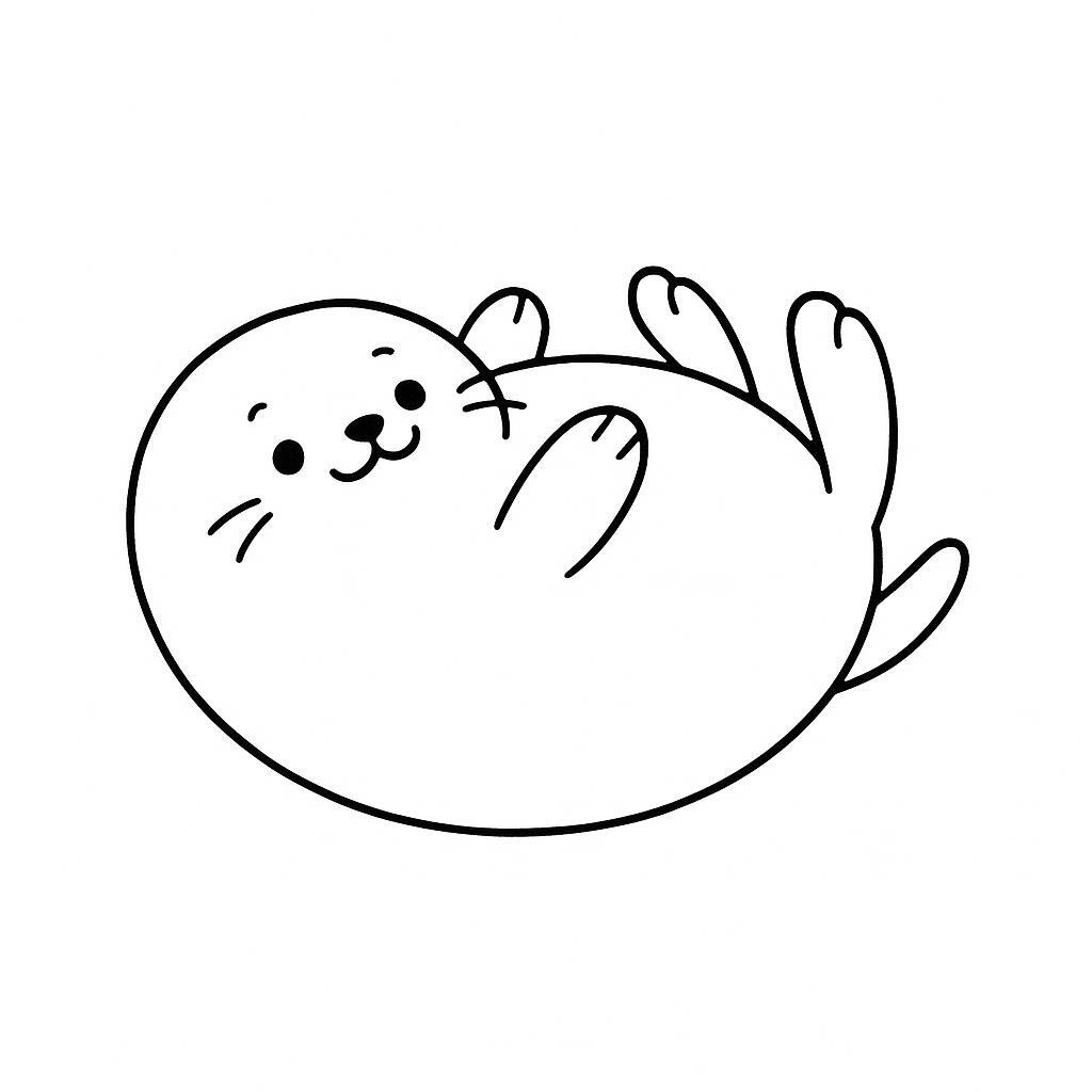 Coloring page of a smoosh squishy animal, puffy seal rolling around