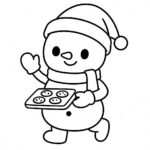 Page de coloriage d&rsquo;un bonhomme de neige, conducteur de traîneau cuisant des biscuits