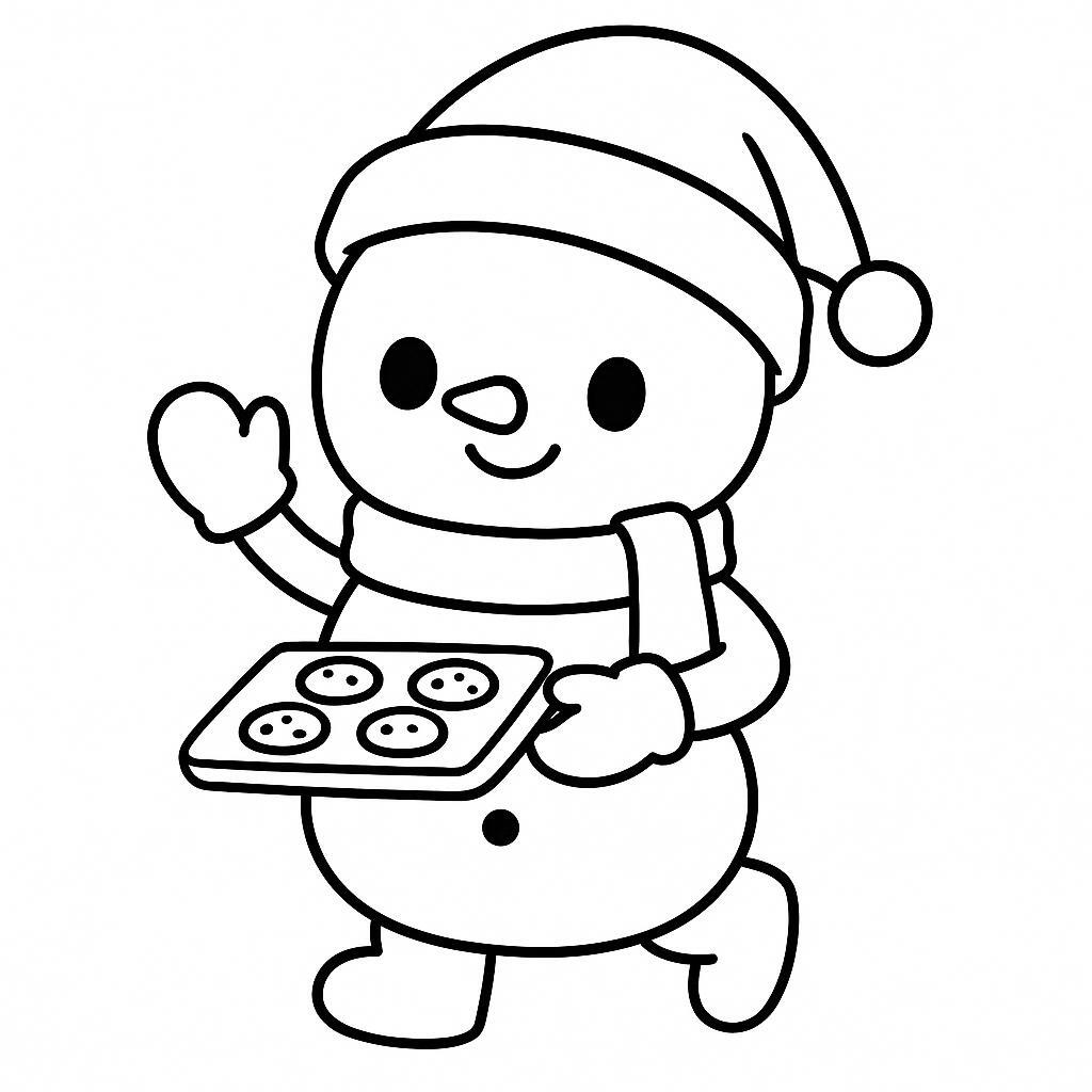 Coloring page of a snowman, sleigh rider baking cookies