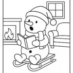 Page à colorier d&rsquo;un bonhomme de neige, cavalier de traîneau chantant des cantiques