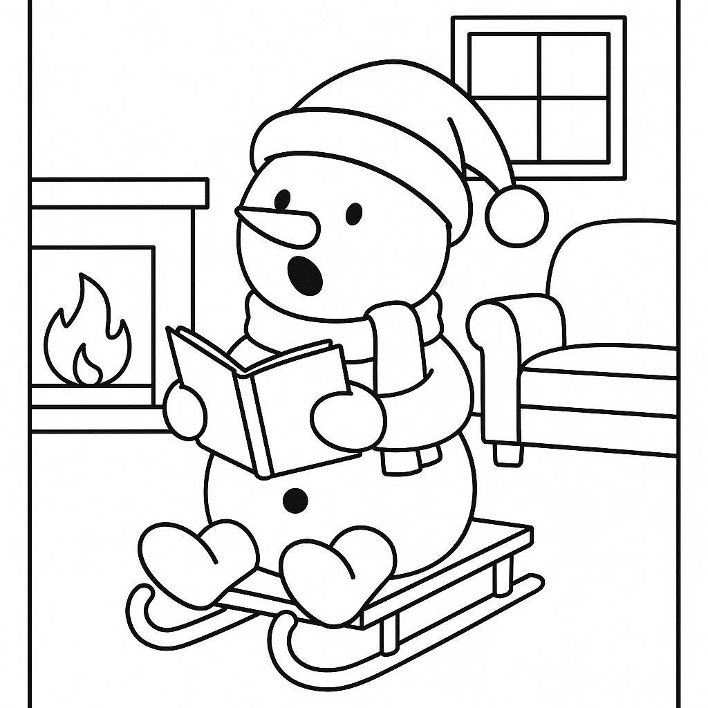 Coloring page of a snowman, sleigh rider singing carols