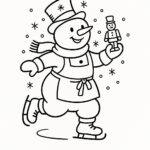 Page à colorier d&rsquo;un bonhomme de neige, fabricant de jouets glissant sur la glace