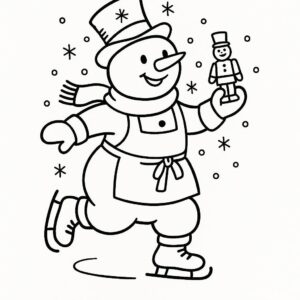 Coloring page of a snowman, toy maker sliding on ice