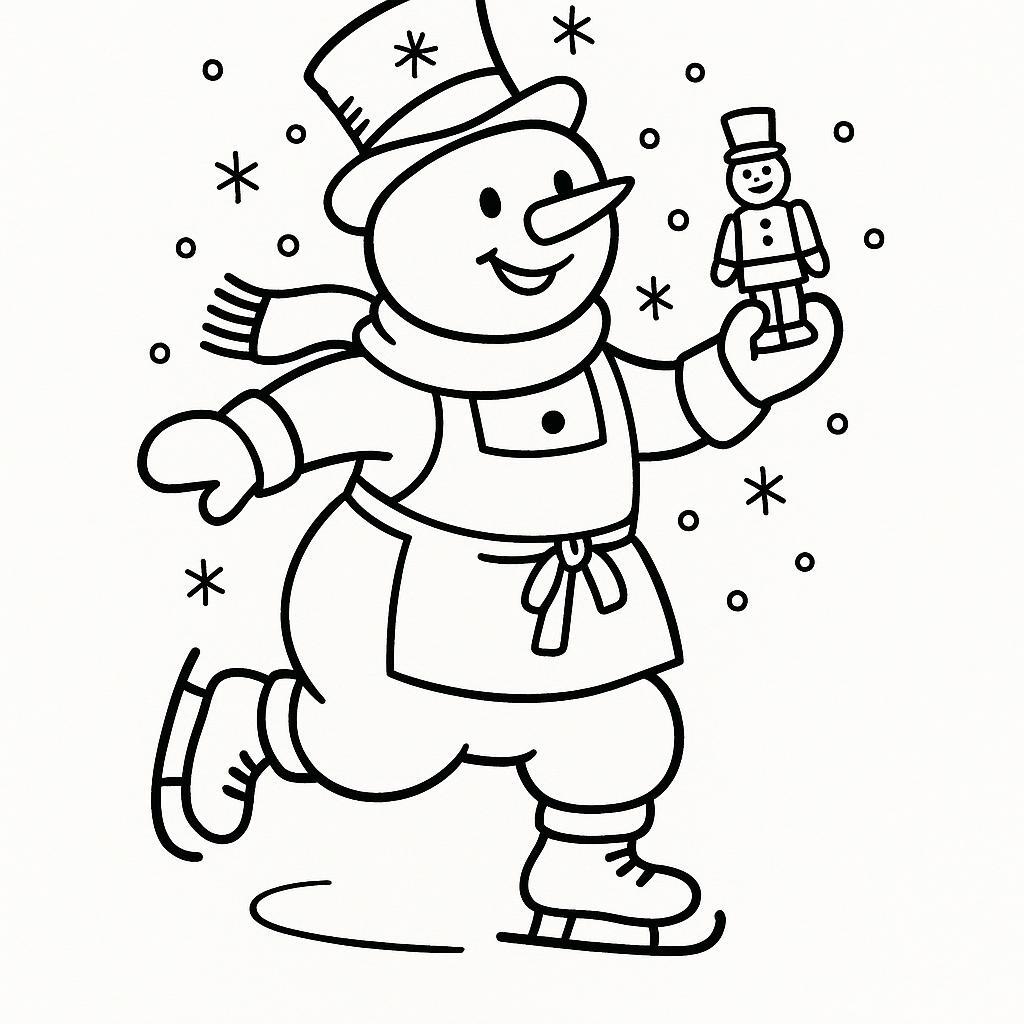 Coloring page of a snowman, toy maker sliding on ice