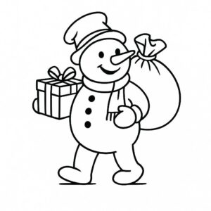 Coloring page of a snowman, toy maker wrapping gifts
