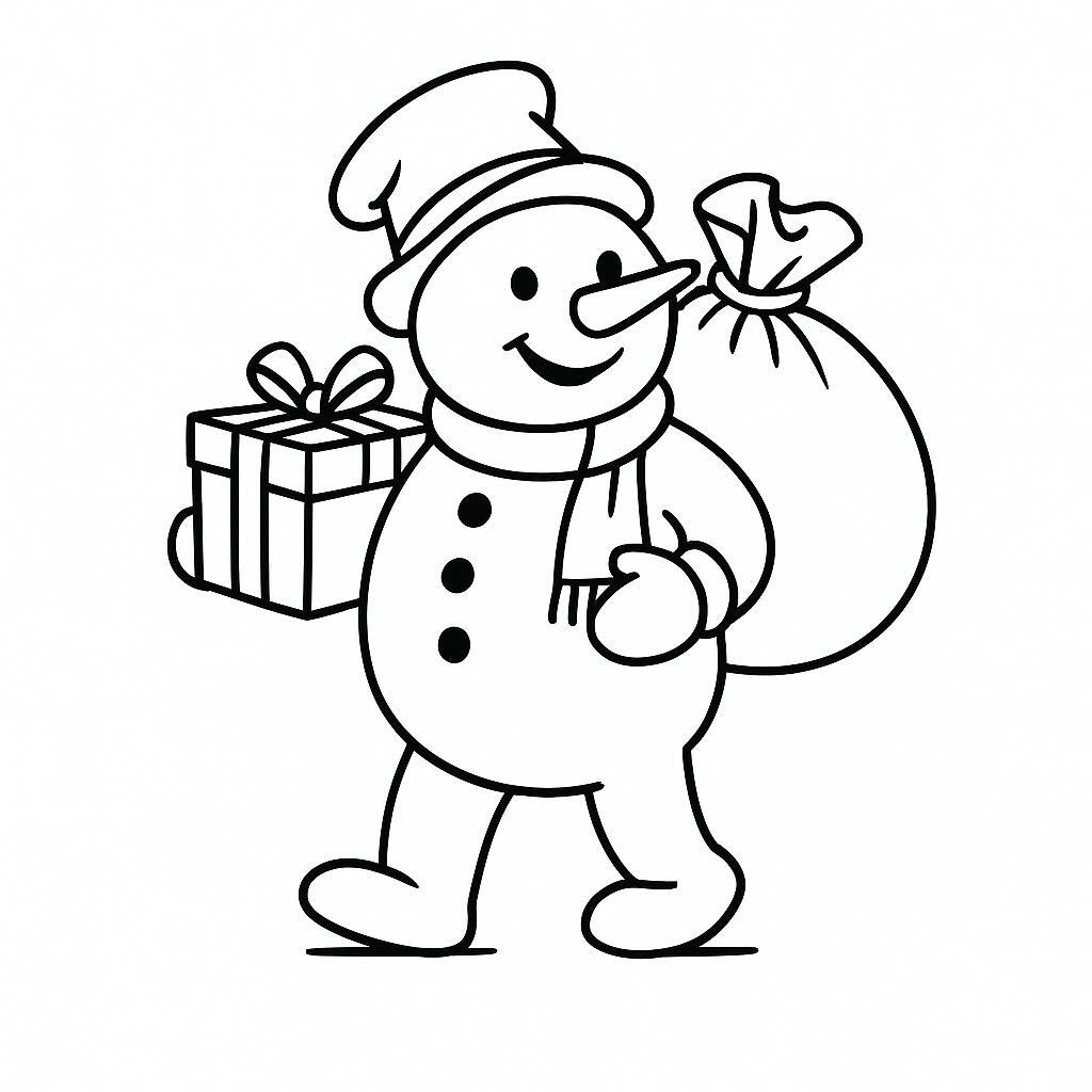 Coloring page of a snowman, toy maker wrapping gifts