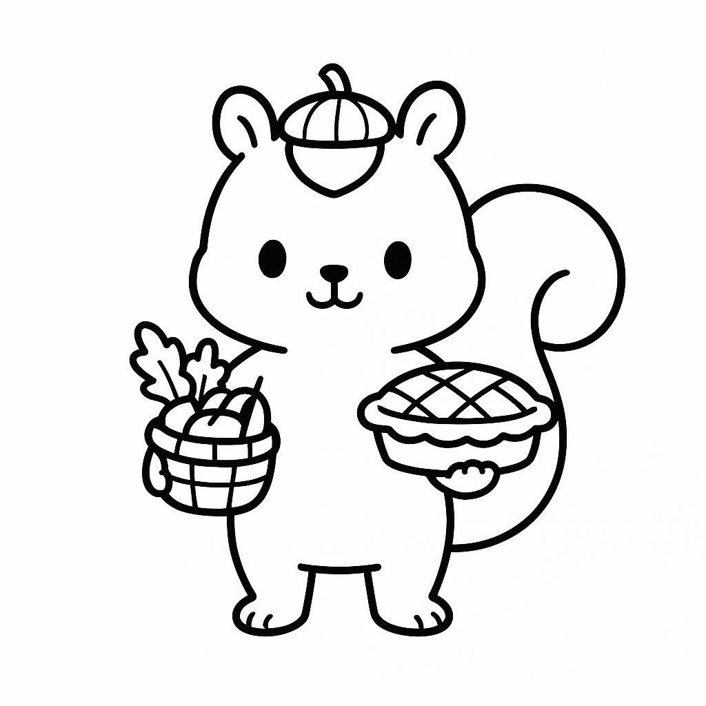 Coloring page of a squirrel with acorn, harvest helper holding a basket of vegetables