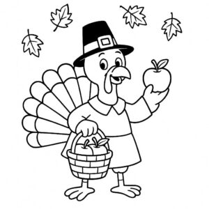 Coloring page of a turkey, fall festival dancer gathering apples