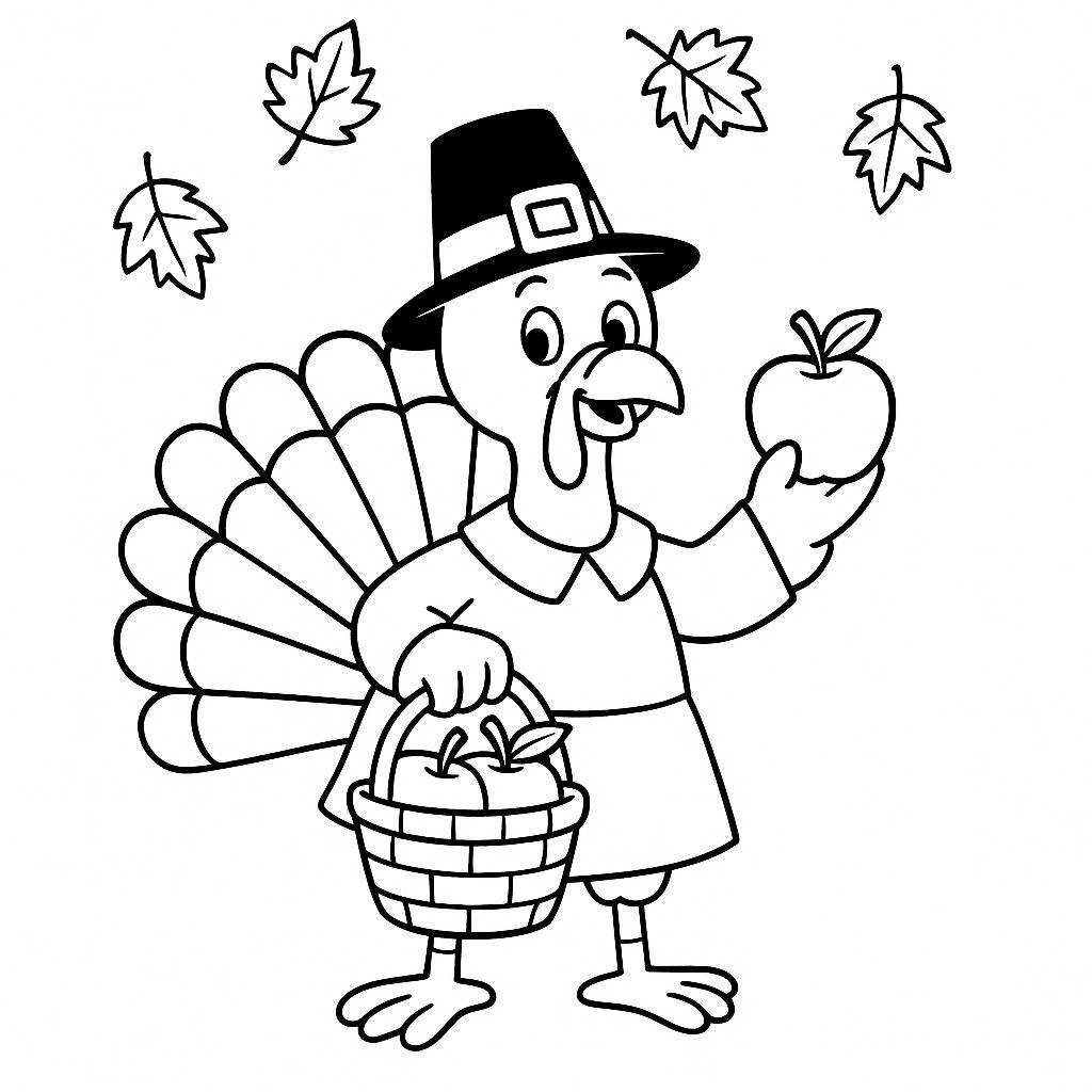 Coloring page of a turkey, fall festival dancer gathering apples