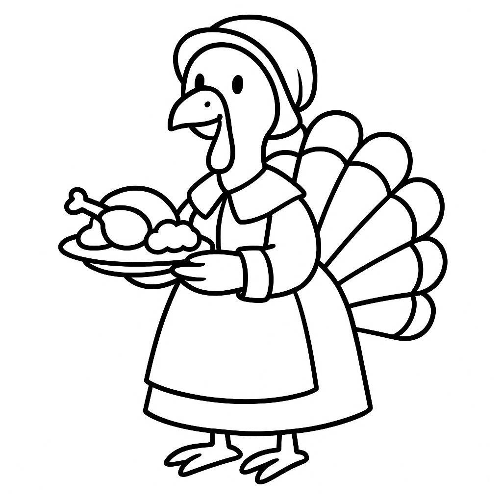 Coloring page of a turkey, harvest helper serving food