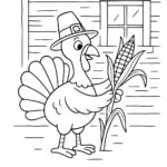 Page à colorier d&rsquo;une dinde, invité du dîner de Thanksgiving récoltant du maïs