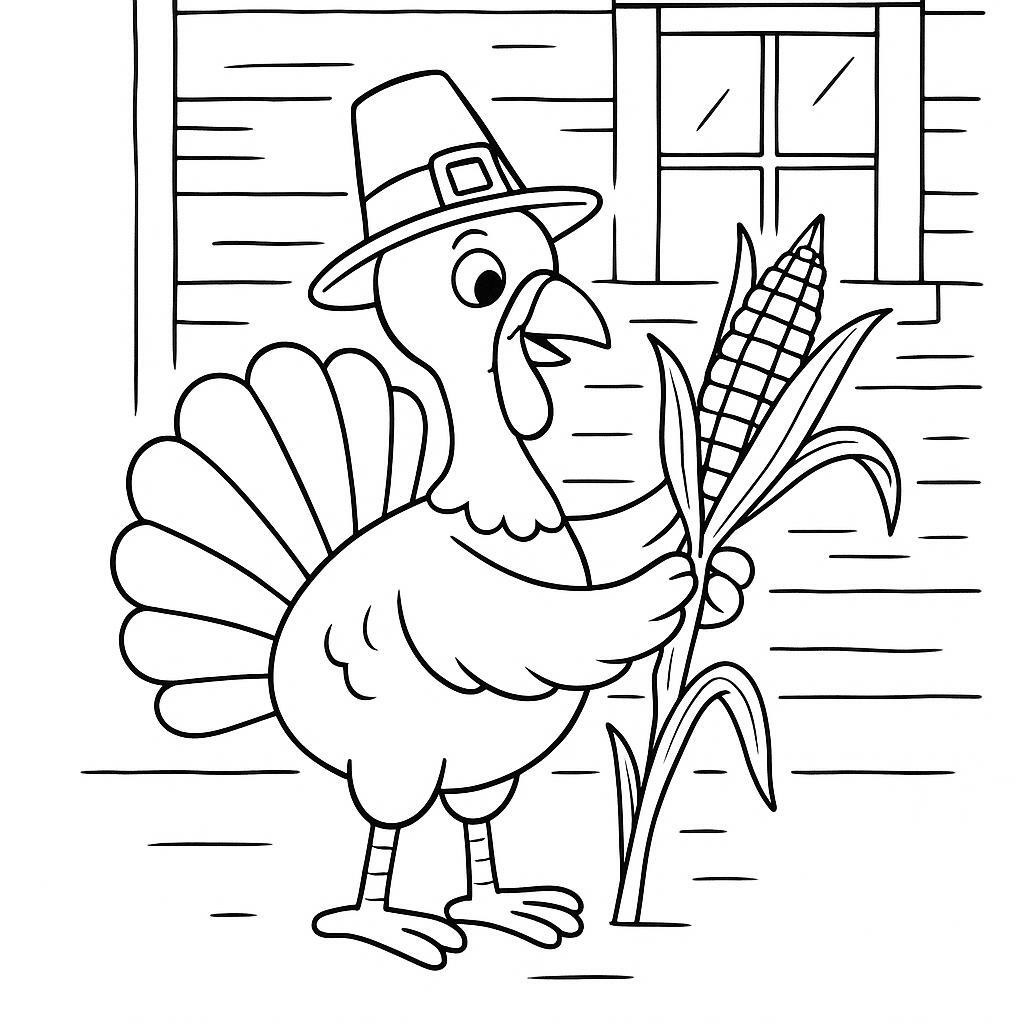 Coloring page of a turkey, thanksgiving dinner guest harvesting corn
