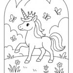 Page à colorier d&rsquo;une licorne, ami fantastique jouant avec des papillons