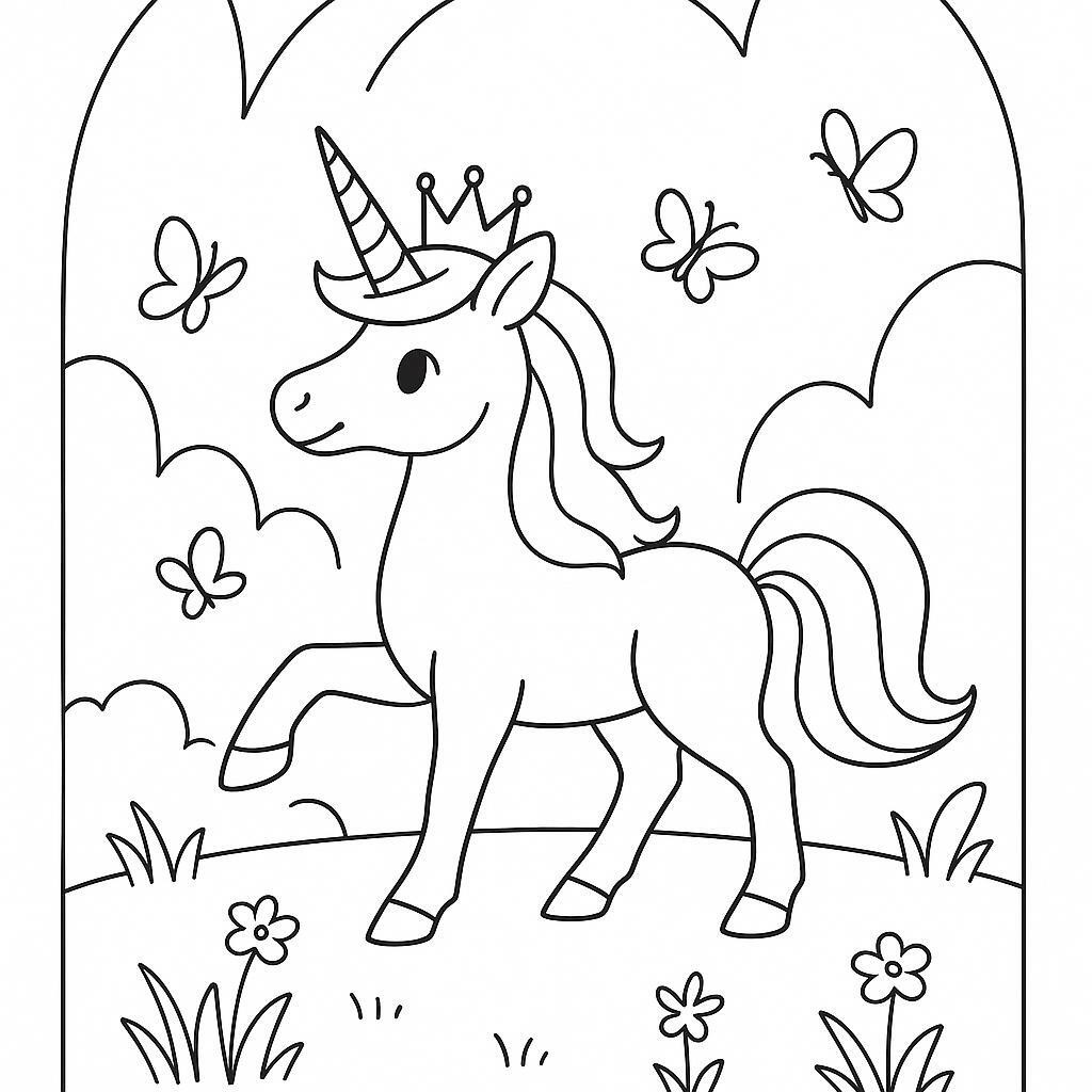 Coloring page of a unicorn, fantasy friend playing with butterflies
