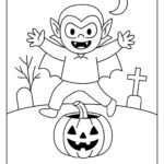 Page à colorier d&rsquo;un enfant vampire, porteur de costume sautant hors d&rsquo;une citrouille