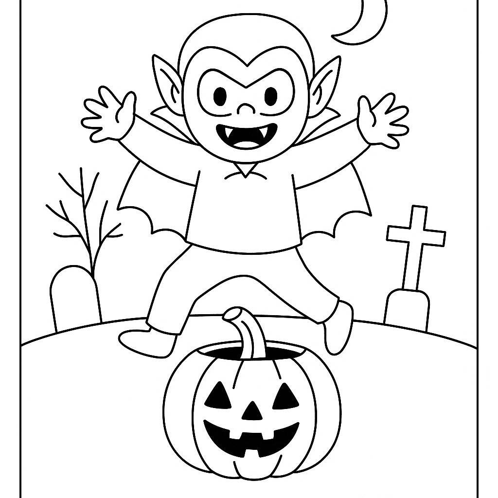 Coloring page of a vampire kid, costume wearer jumping out of a pumpkin