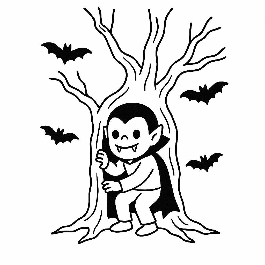 Coloring page of a vampire kid, creepy crawler hiding in a spooky tree