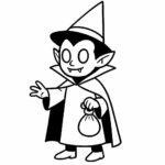Page à colorier d&rsquo;un enfant vampire, sorcier magique portant un sac de bonbons