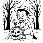 Page à colorier d&rsquo;un enfant vampire, sorcier magique sculptant une citrouille d&rsquo;Halloween