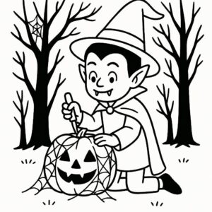 Coloring page of a vampire kid, magical sorcerer carving a jack-o-lantern