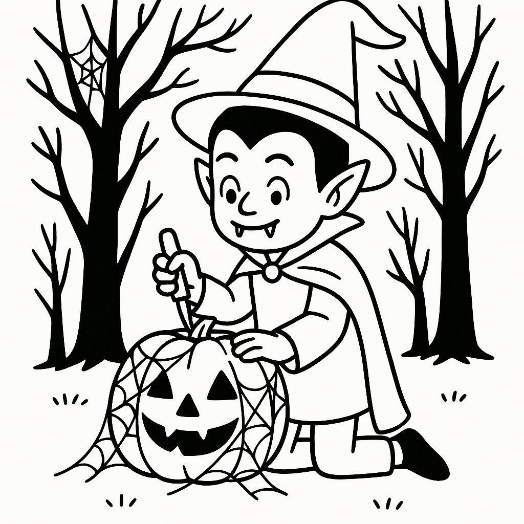 Coloring page of a vampire kid, magical sorcerer carving a jack-o-lantern