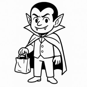 Coloring page of a vampire kid, spooky monster carrying a candy bag