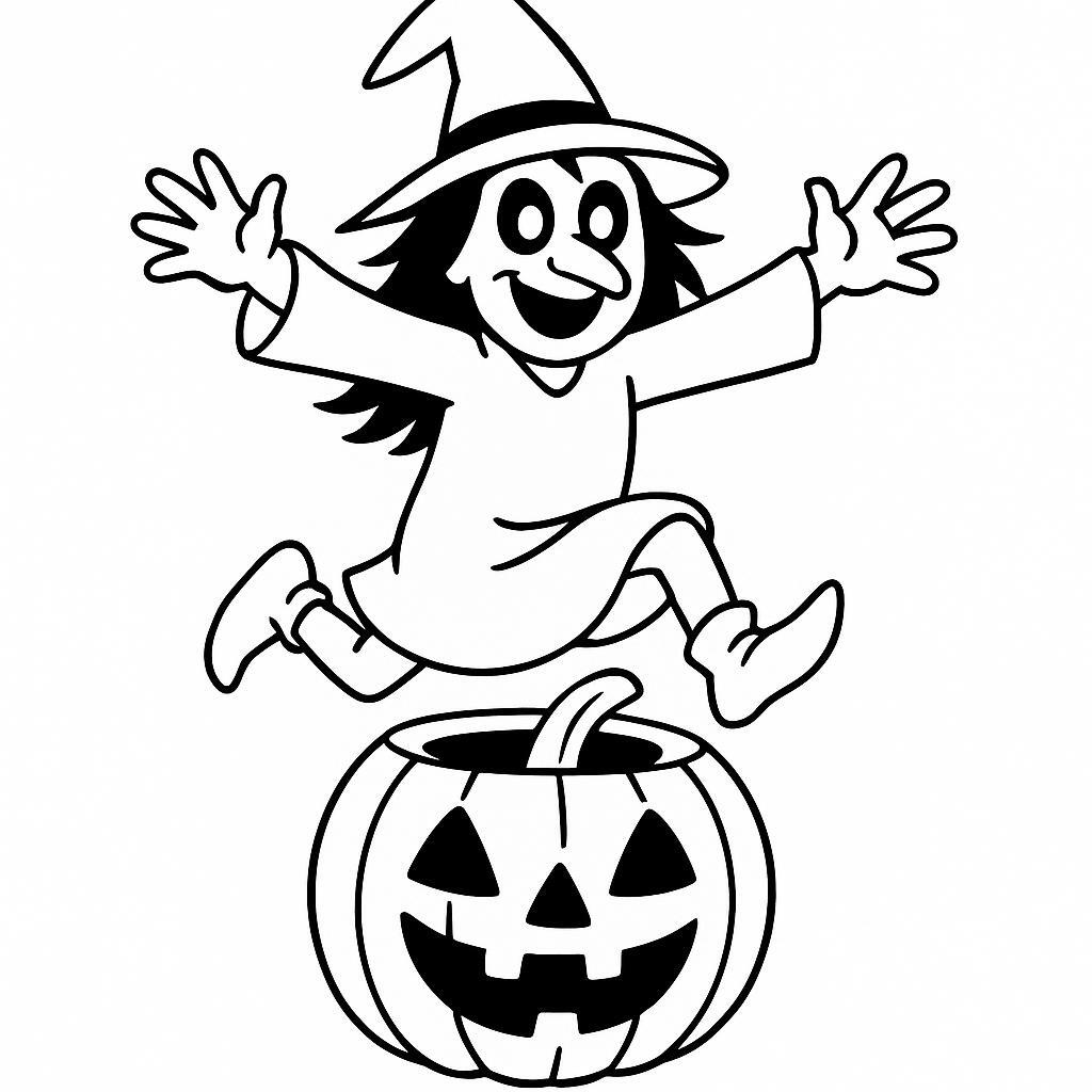 Coloring page of a witch, haunted house dweller jumping out of a pumpkin
