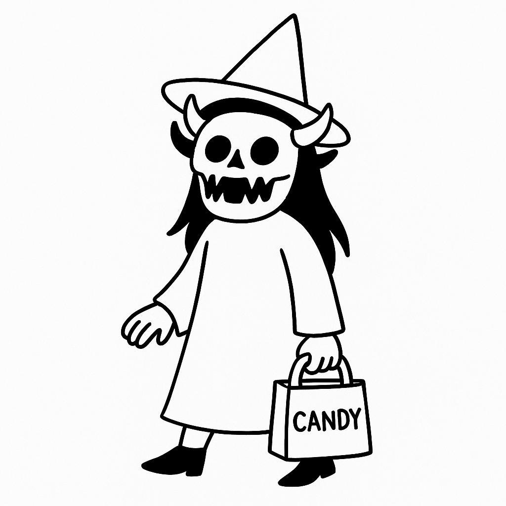 Coloring page of a witch, spooky monster carrying a candy bag